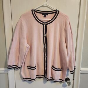 Chaps Cardigan Sweater Women's 3X Pink Black Trim Cotton Jacket Preppy Old Money